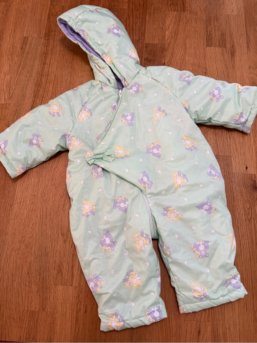 Tendresse 6 MONTHS Light Green Bear Print Hooded Baby Bunting Suit France Made